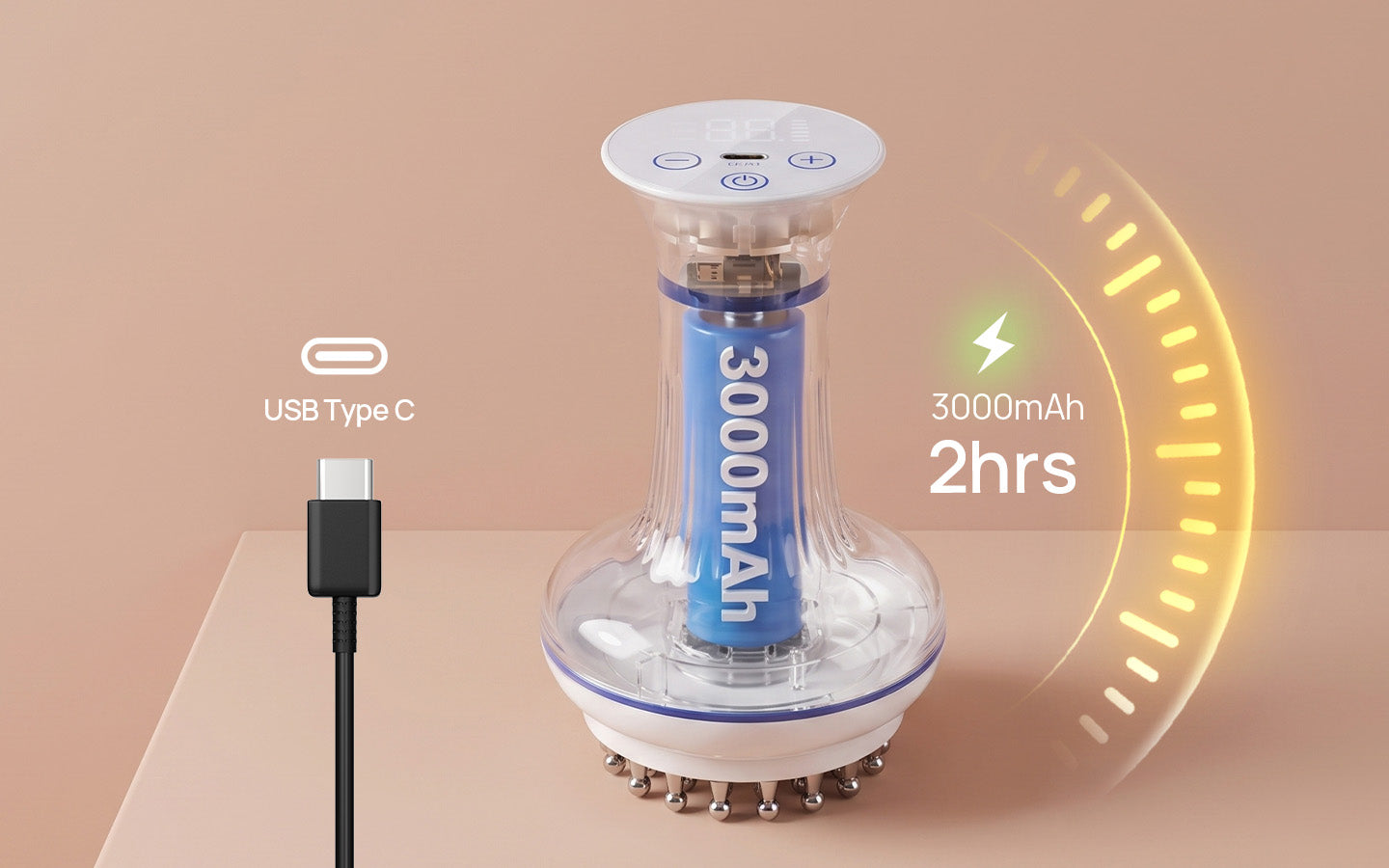 rollerstone lymphatic drainage massager with USB-C charging, 3000mAh battery, and about 2 hours of use