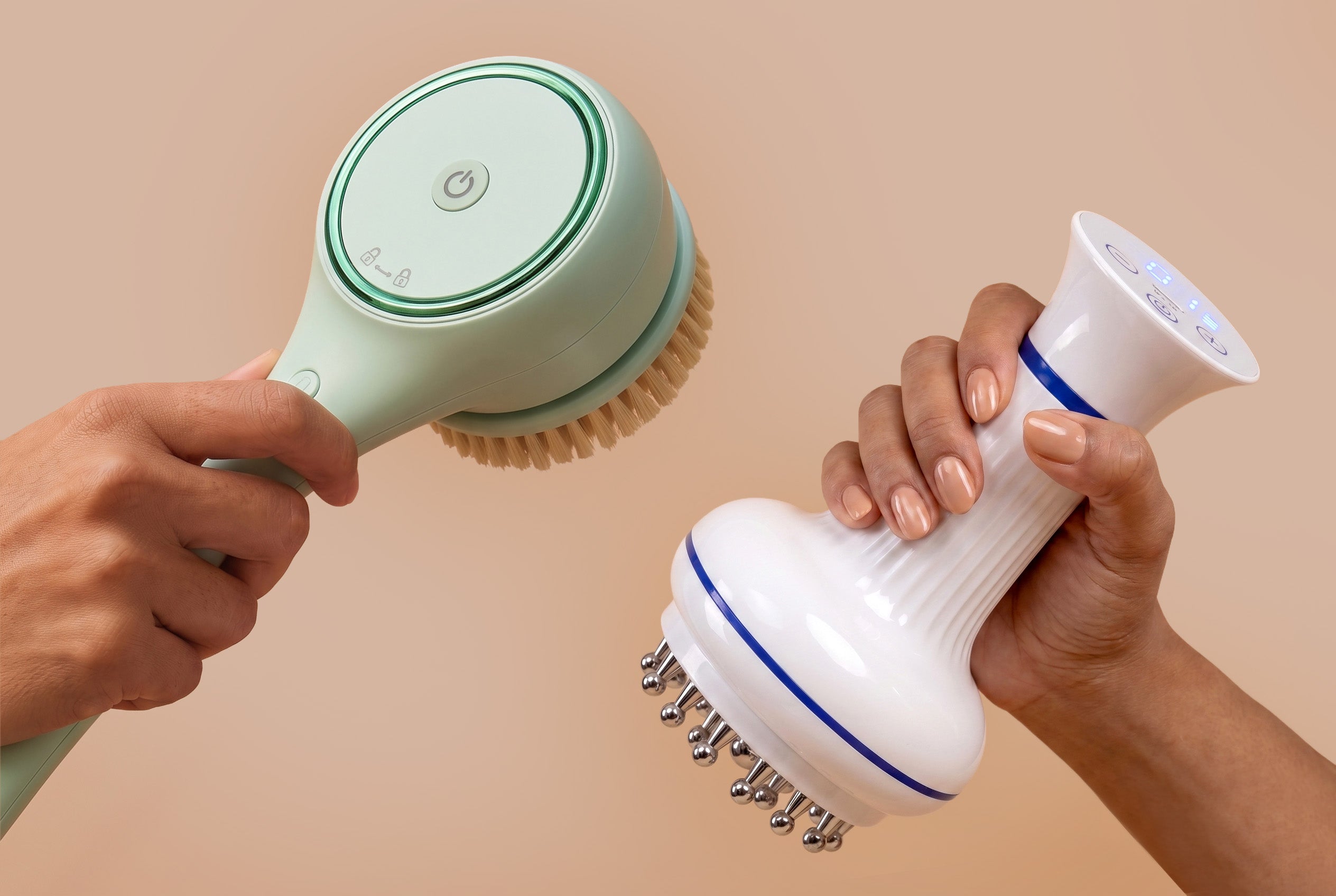 rollerstone electric dry body brush and lymphatic drainage massager held in hands for easy use