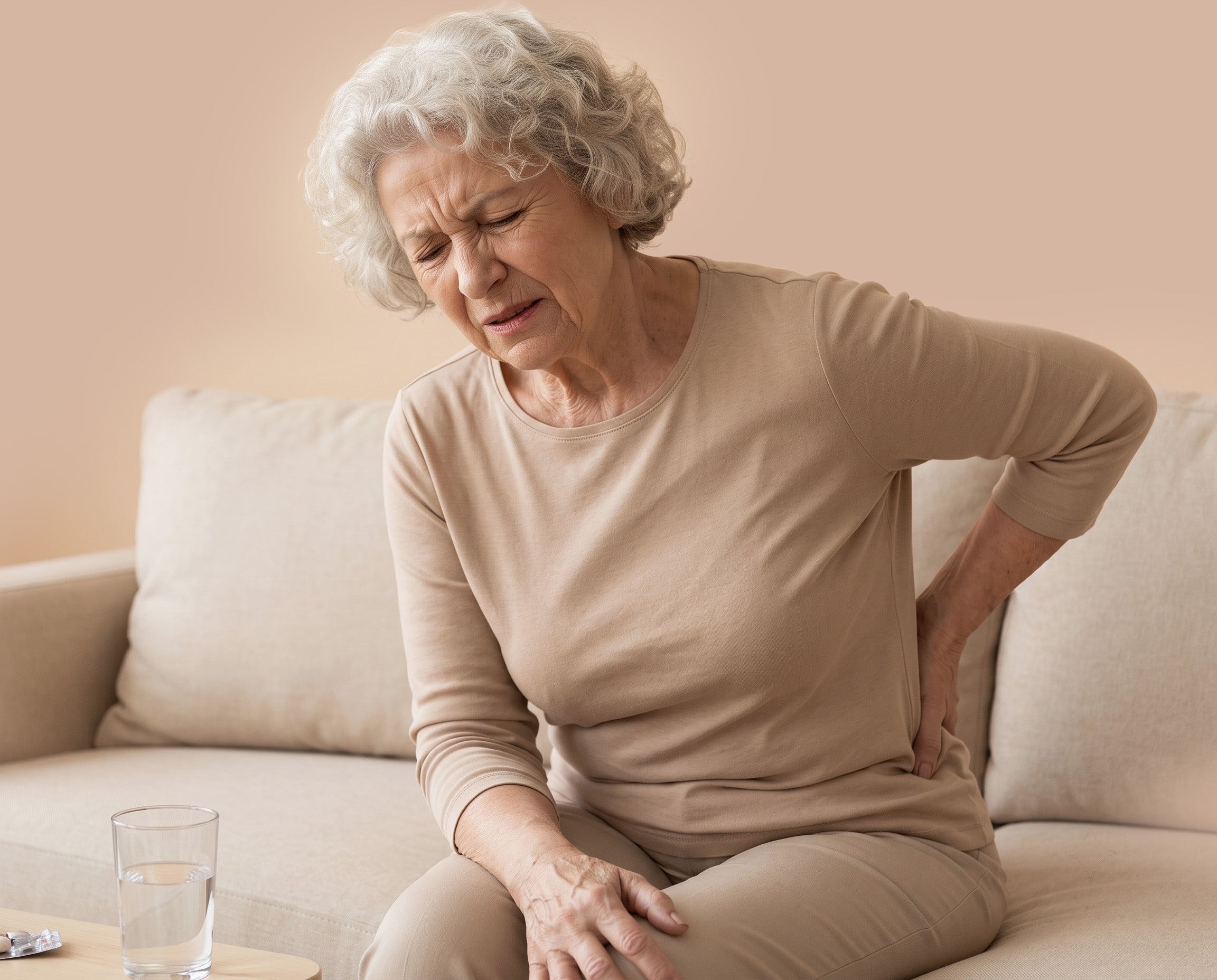 Older woman holding her lower back and looking for daily care for back discomfort
