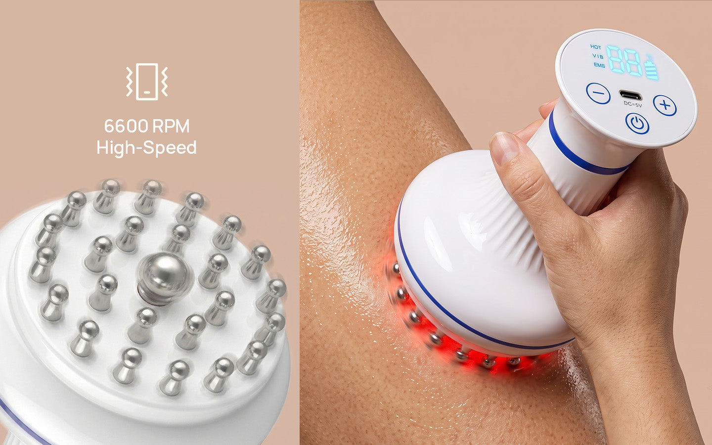 rollerstone lymphatic drainage massager with up to 6600 RPM vibration used on the leg