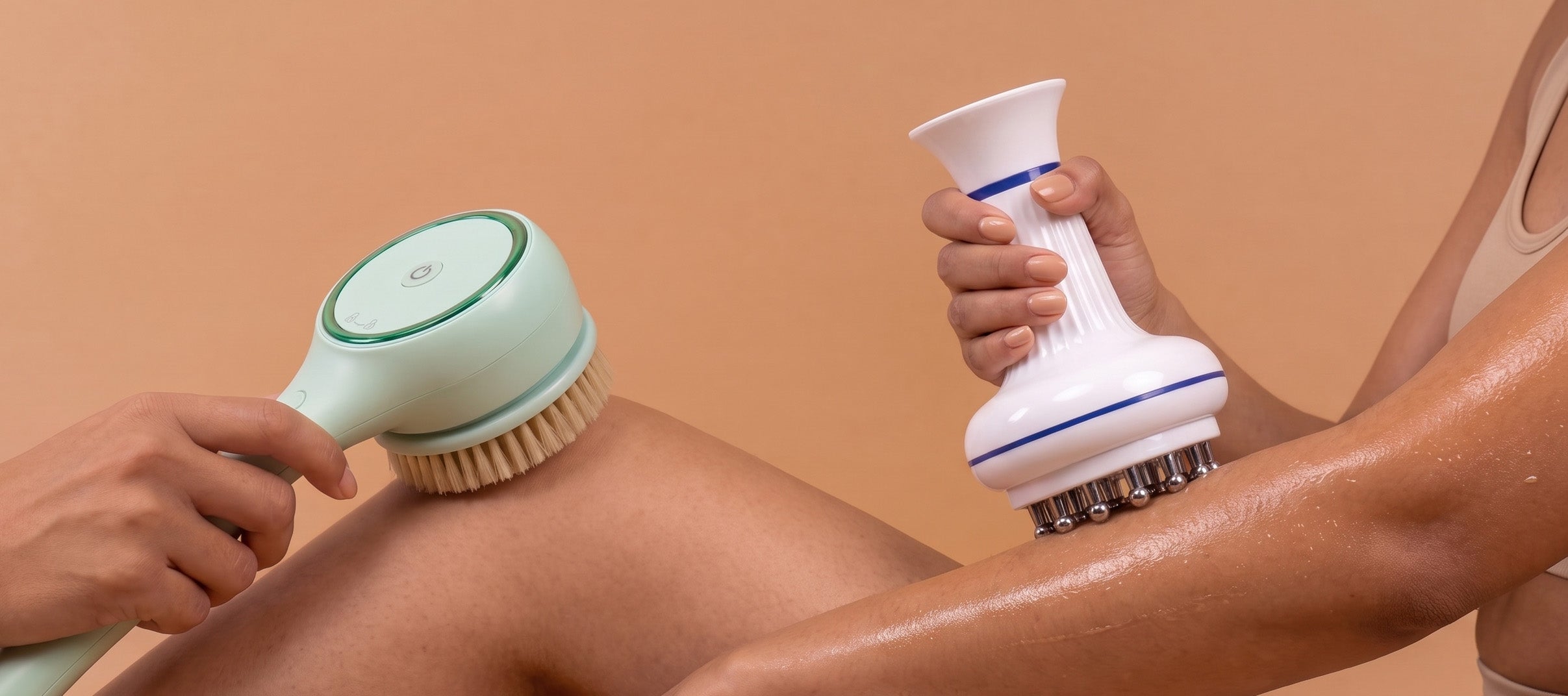 rollerstone electric dry body brush and lymphatic drainage massager used in a body-care routine