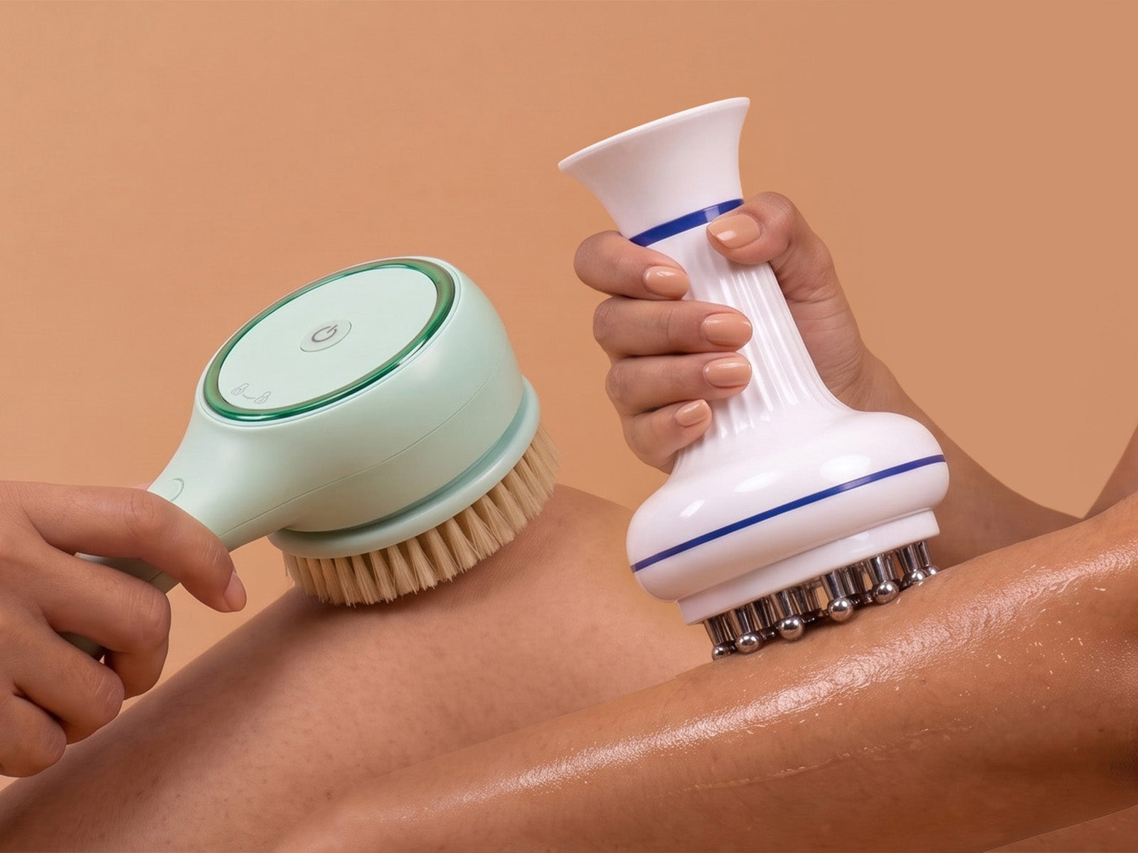 rollerstone electric dry body brush and lymphatic drainage massager used in a body-care routine