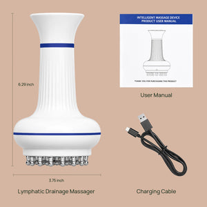 rollerstone lymphatic drainage massager set with USB-C charging cable, user manual, and product dimensions