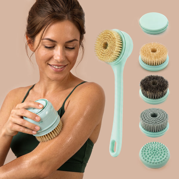 rollerstone electric dry body brush with detachable handle and five interchangeable brush heads