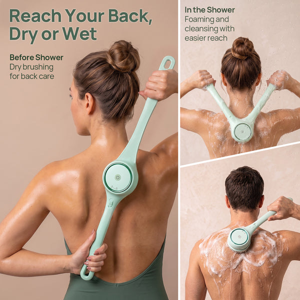 rollerstone electric dry body brush with long handle for dry brushing and shower back care