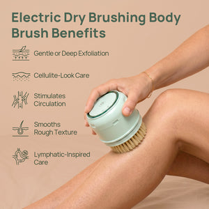 rollerstone electric dry body brush used on leg with benefits for exfoliation and smoother-looking skin