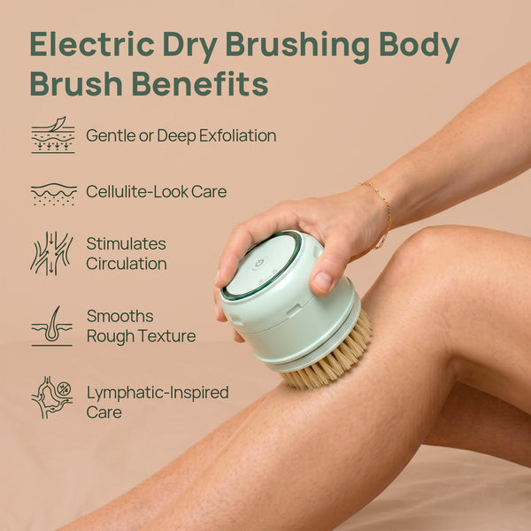 rollerstone electric dry body brush used on leg with benefits for exfoliation and smoother-looking skin