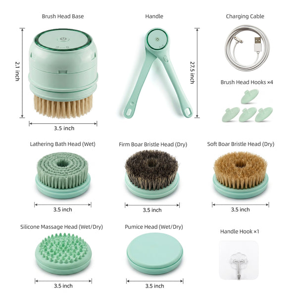 rollerstone electric dry body brush set with handle, charging cable, hooks, and five brush heads