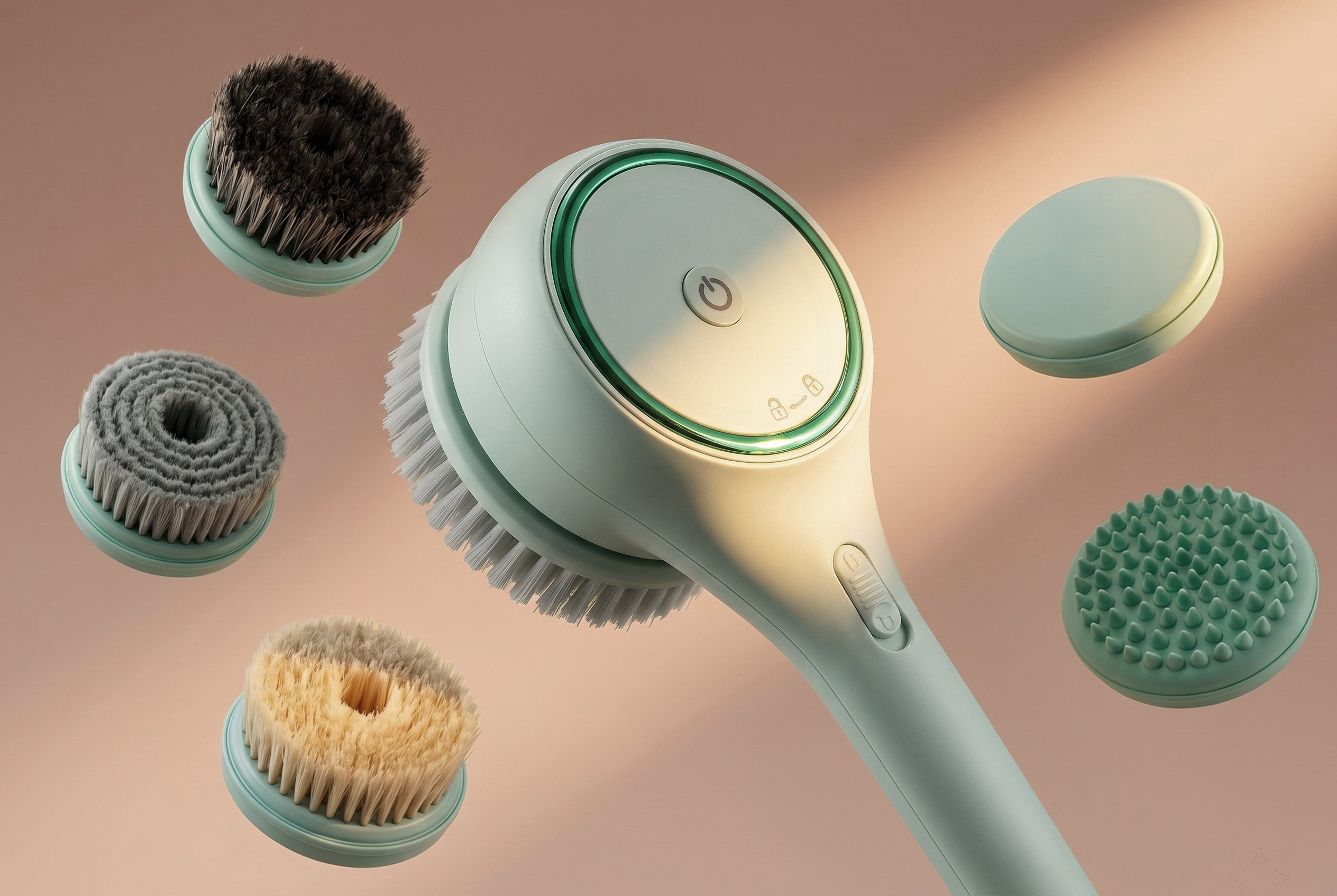 rollerstone electric dry body brush with five interchangeable brush heads for dry brushing and shower care