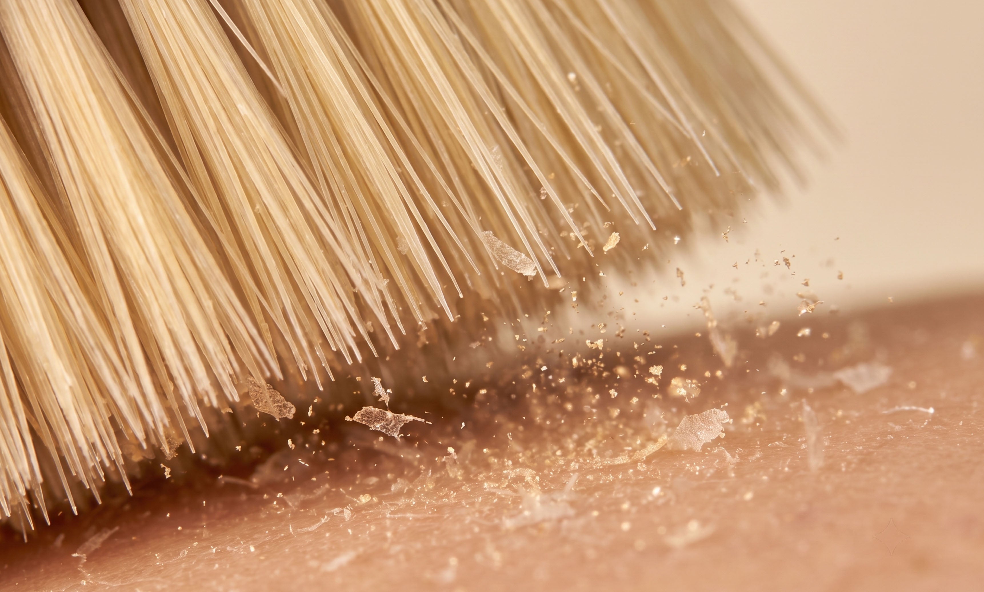 close-up of tapered boar bristles gently brushing dry skin flakes