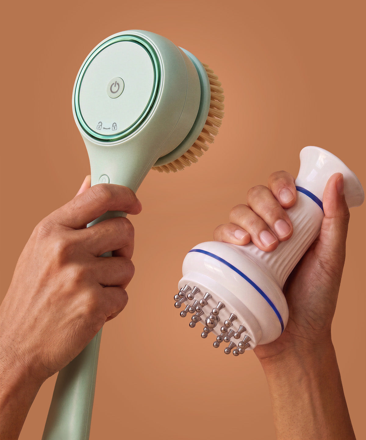 rollerstone electric dry body brush and lymphatic drainage massager held in hands as part of the brand ritual