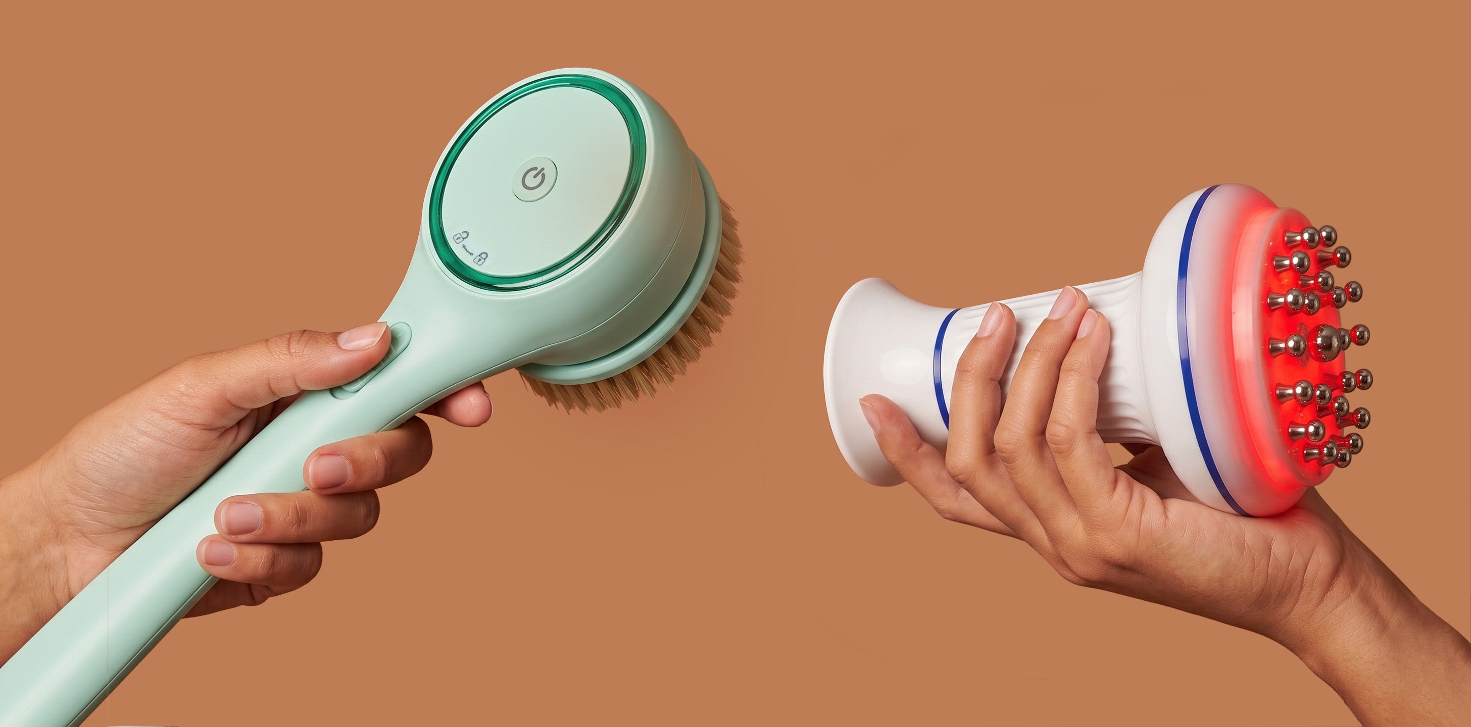 rollerstone electric dry body brush and lymphatic drainage massager held in hands as part of the brand ritual